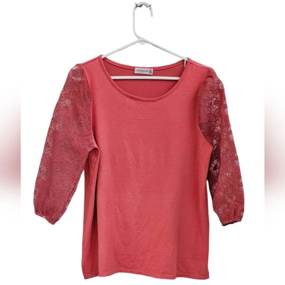 Retrology- Women's Size Medium Salmon Top with 3/4 Length Sheer Lace Sleeves‌